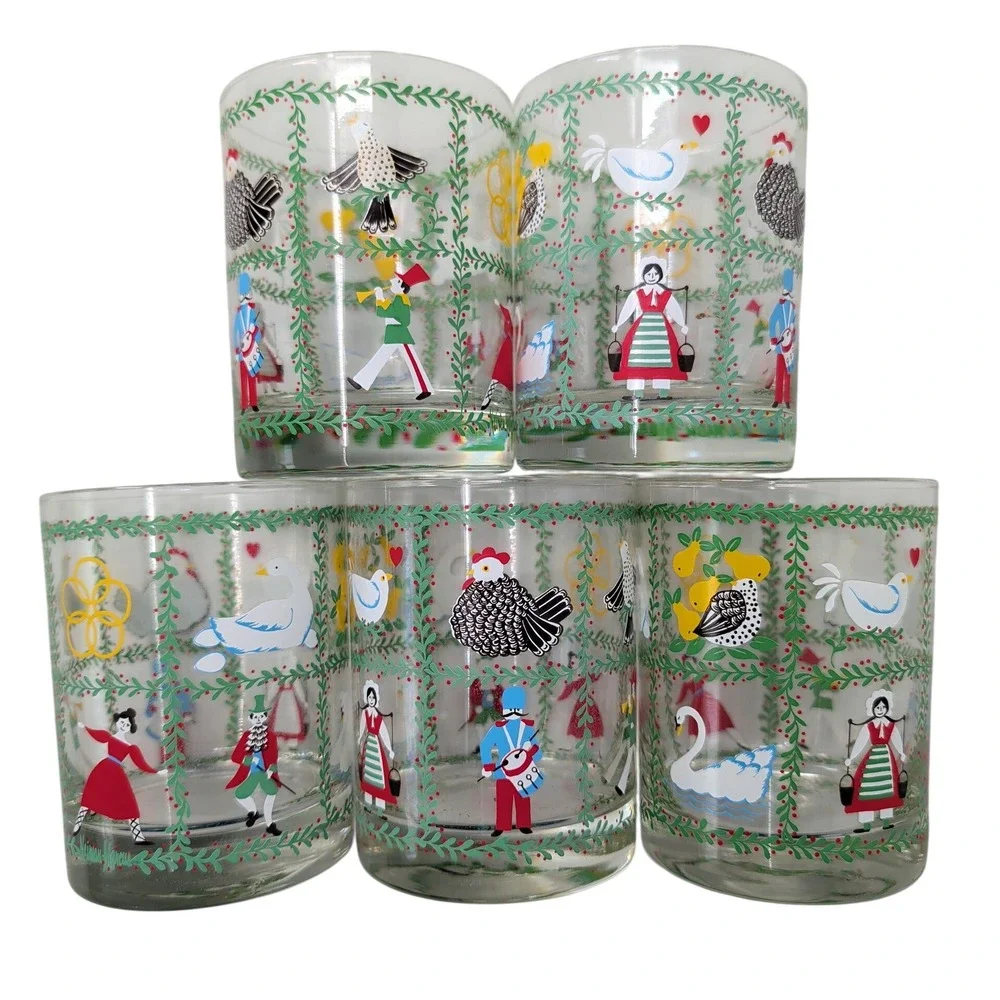 Indiana Glass 12 Days of Christmas Rocks Glasses Set 5 Holiday Folk Art Lowball
